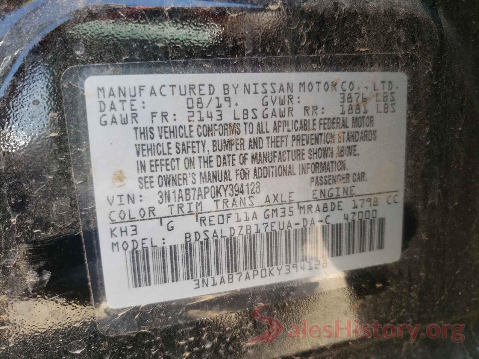 3N1AB7AP0KY394128 2019 NISSAN SENTRA