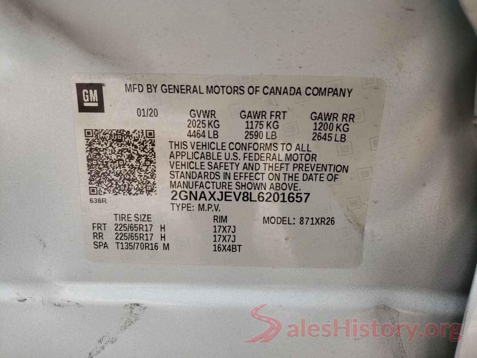 2GNAXJEV8L6201657 2020 CHEVROLET EQUINOX