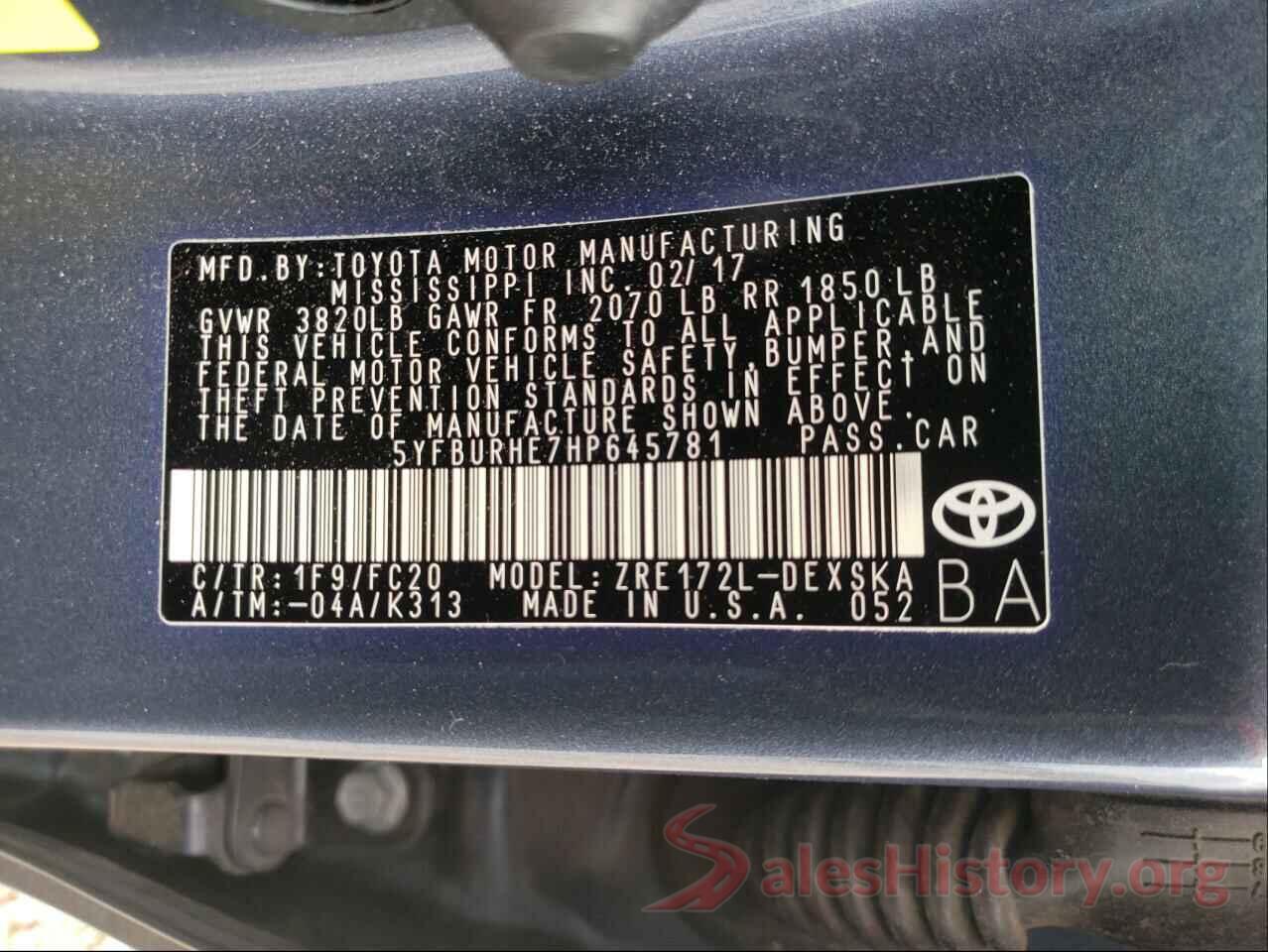 5YFBURHE7HP645781 2017 TOYOTA COROLLA