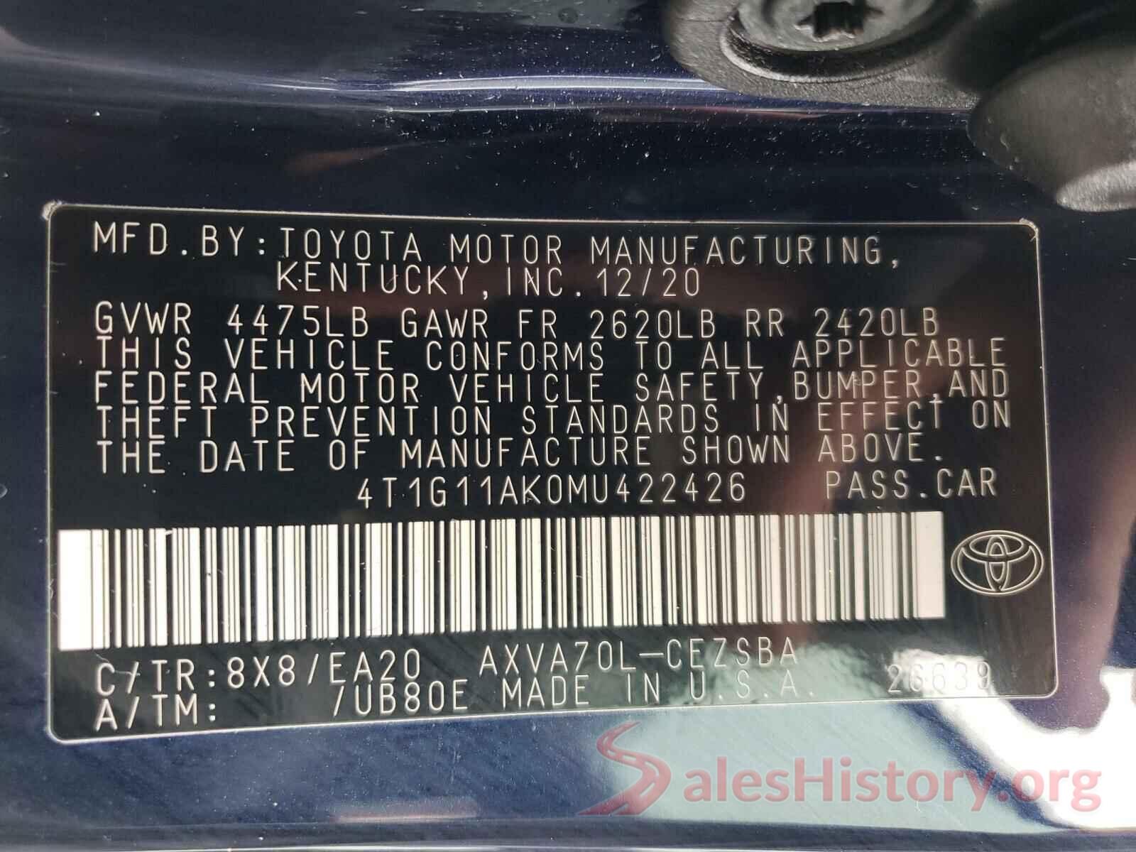 4T1G11AK0MU422426 2021 TOYOTA CAMRY