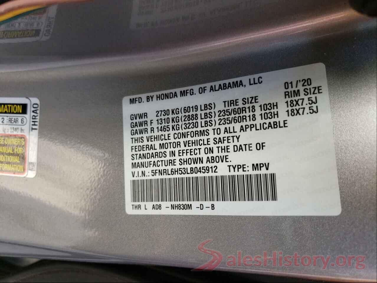 5FNRL6H53LB045912 2020 HONDA ODYSSEY