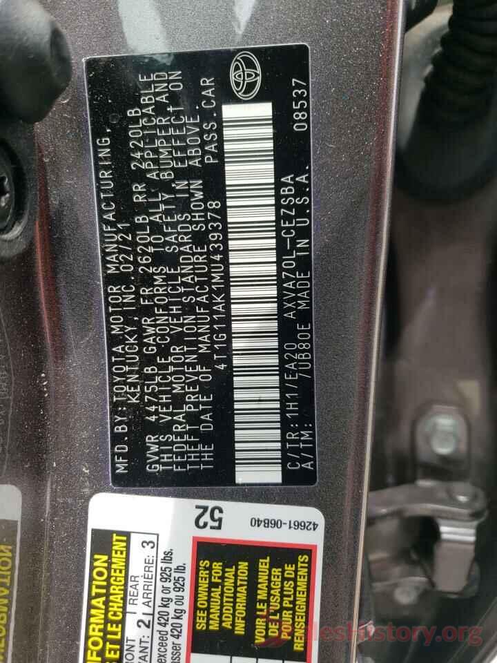 4T1G11AK1MU439378 2021 TOYOTA CAMRY