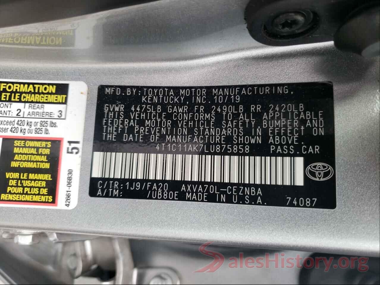 4T1C11AK7LU875858 2020 TOYOTA CAMRY