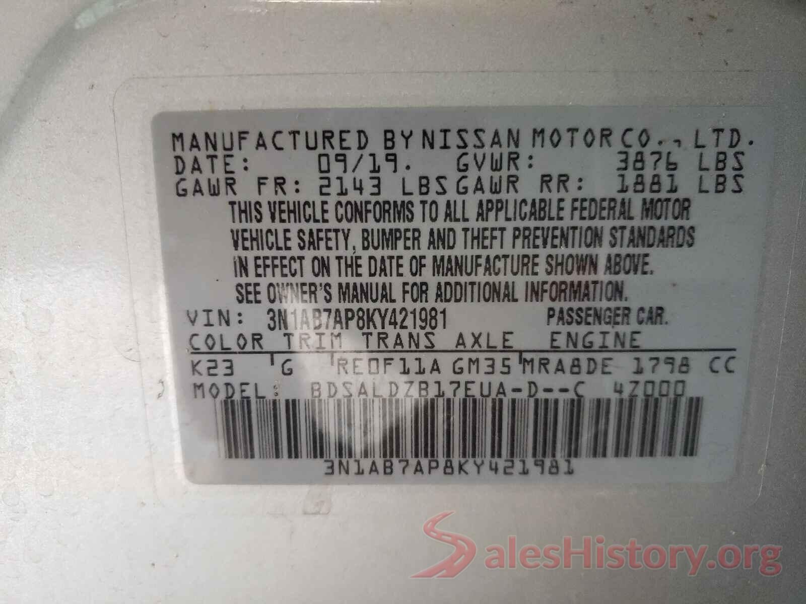 3N1AB7AP8KY421981 2019 NISSAN SENTRA