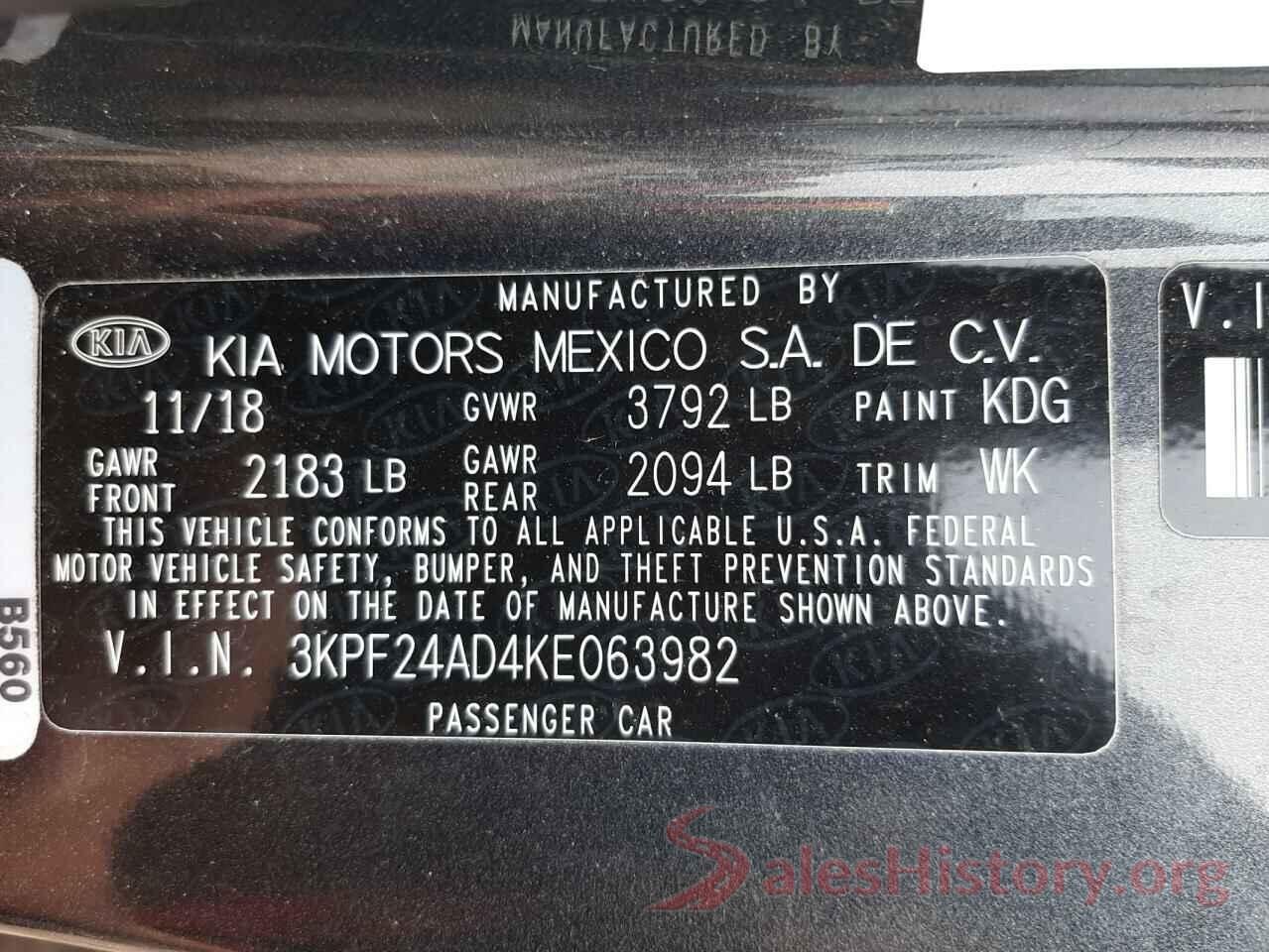 3KPF24AD4KE063982 2019 KIA FORTE