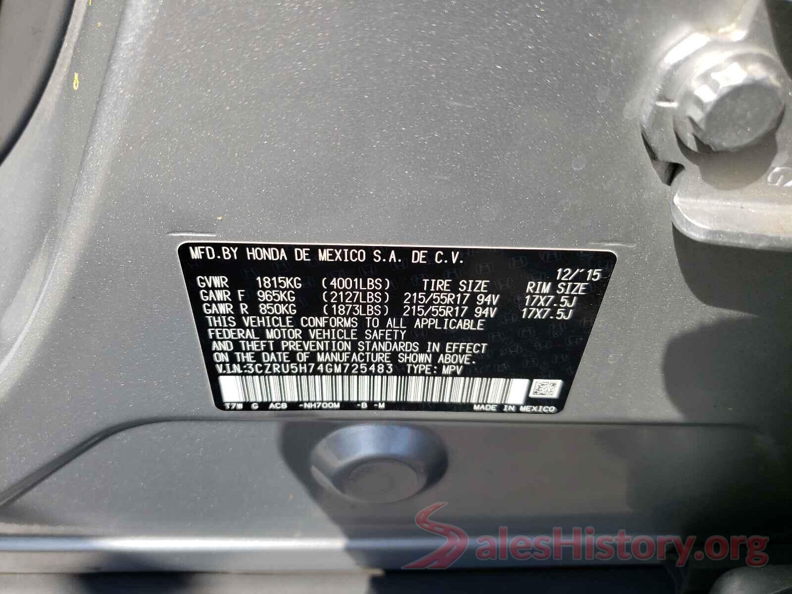 3CZRU5H74GM725483 2016 HONDA HR-V