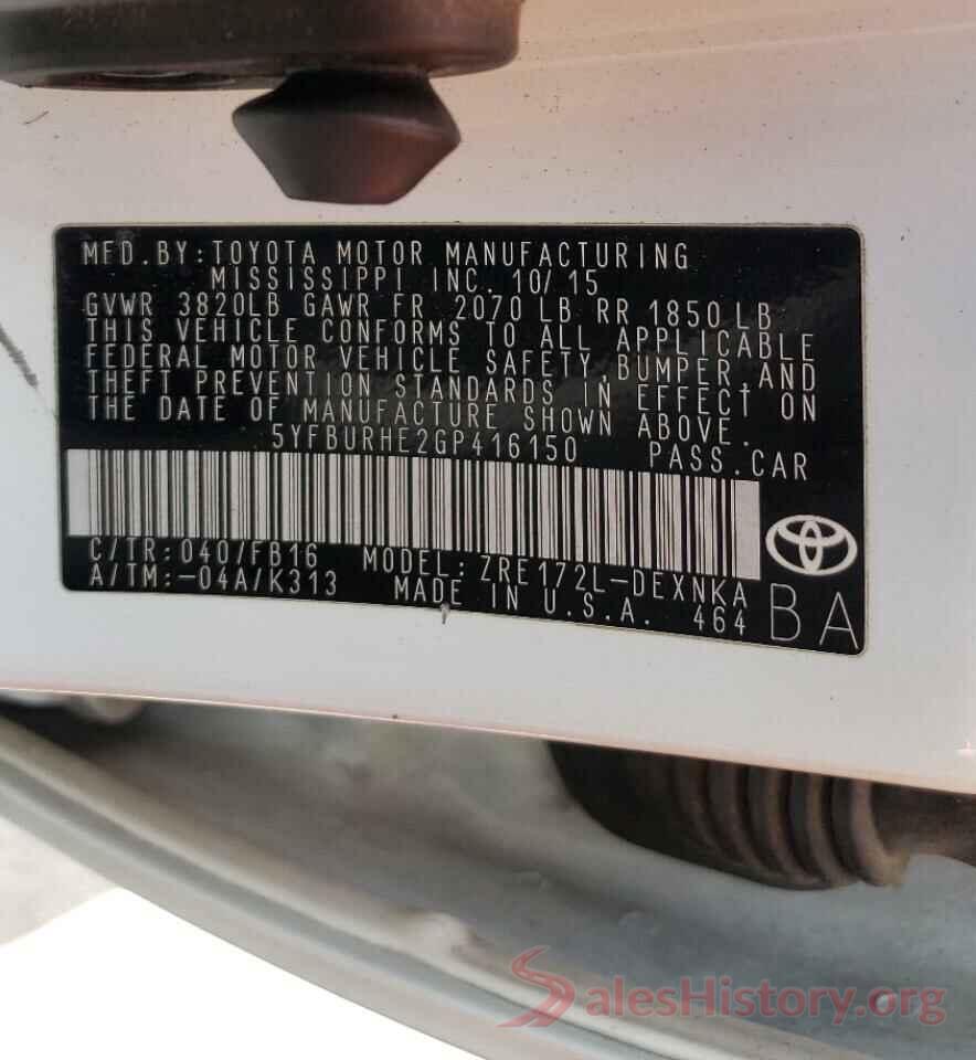 5YFBURHE2GP416150 2016 TOYOTA COROLLA