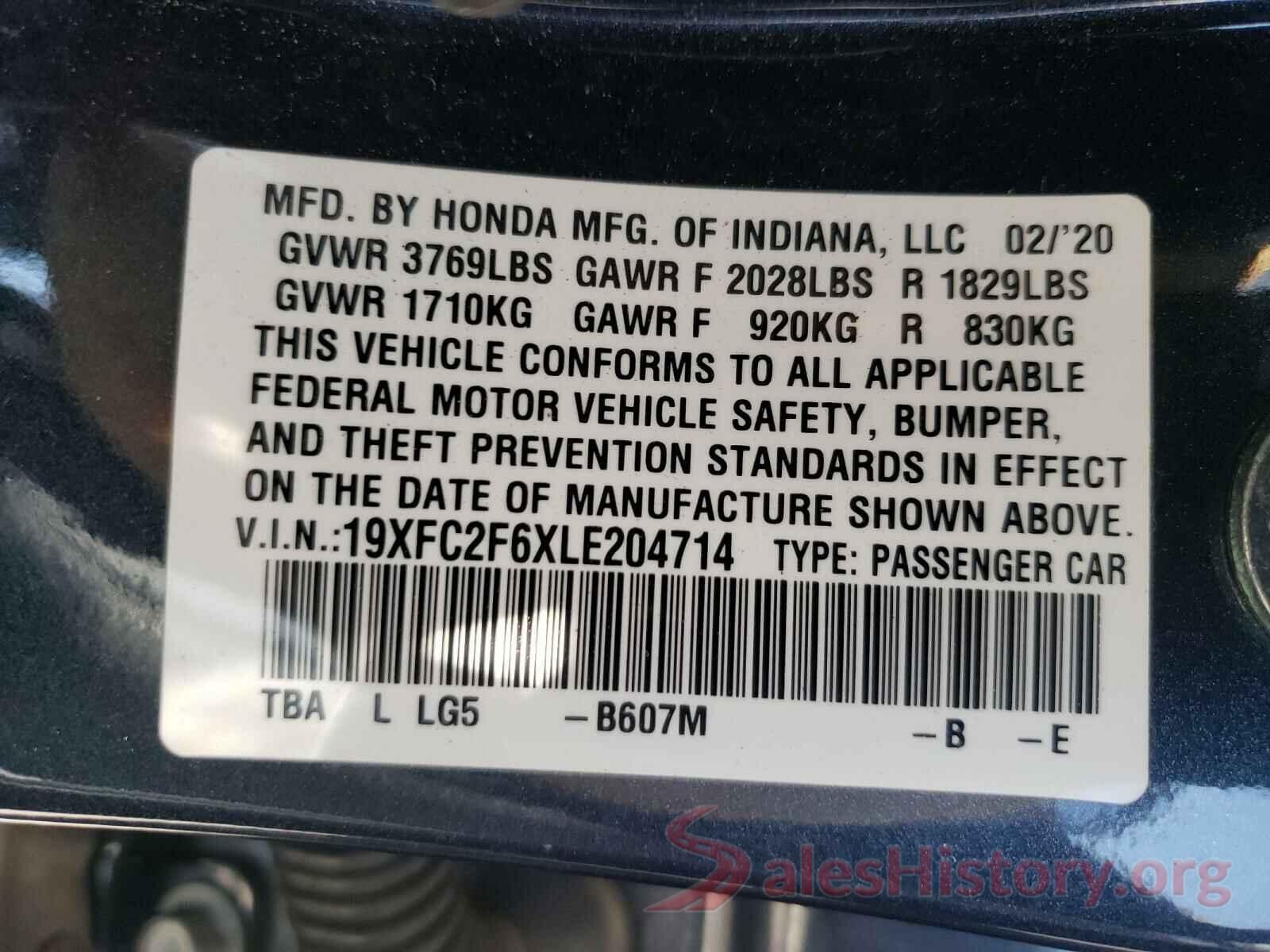 19XFC2F6XLE204714 2020 HONDA CIVIC