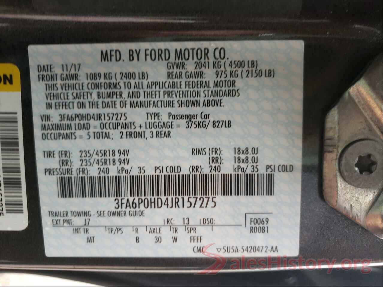 3FA6P0HD4JR157275 2018 FORD FUSION