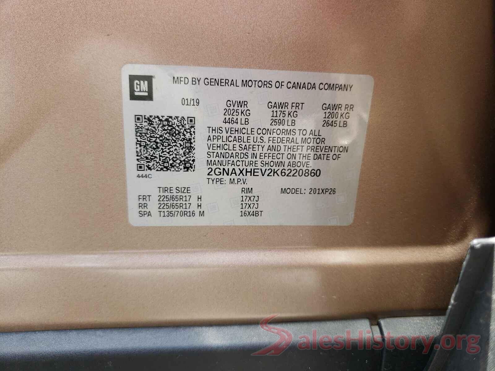 2GNAXHEV2K6220860 2019 CHEVROLET EQUINOX