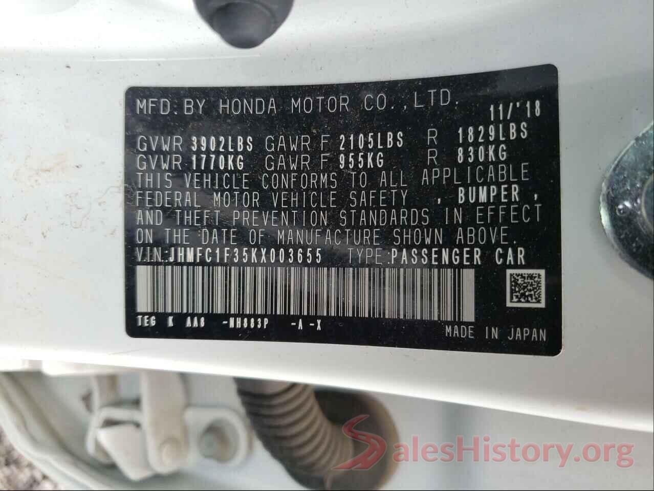 JHMFC1F35KX003655 2019 HONDA CIVIC