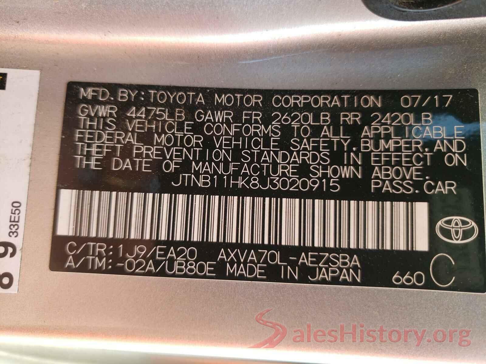 JTNB11HK8J3020915 2018 TOYOTA CAMRY