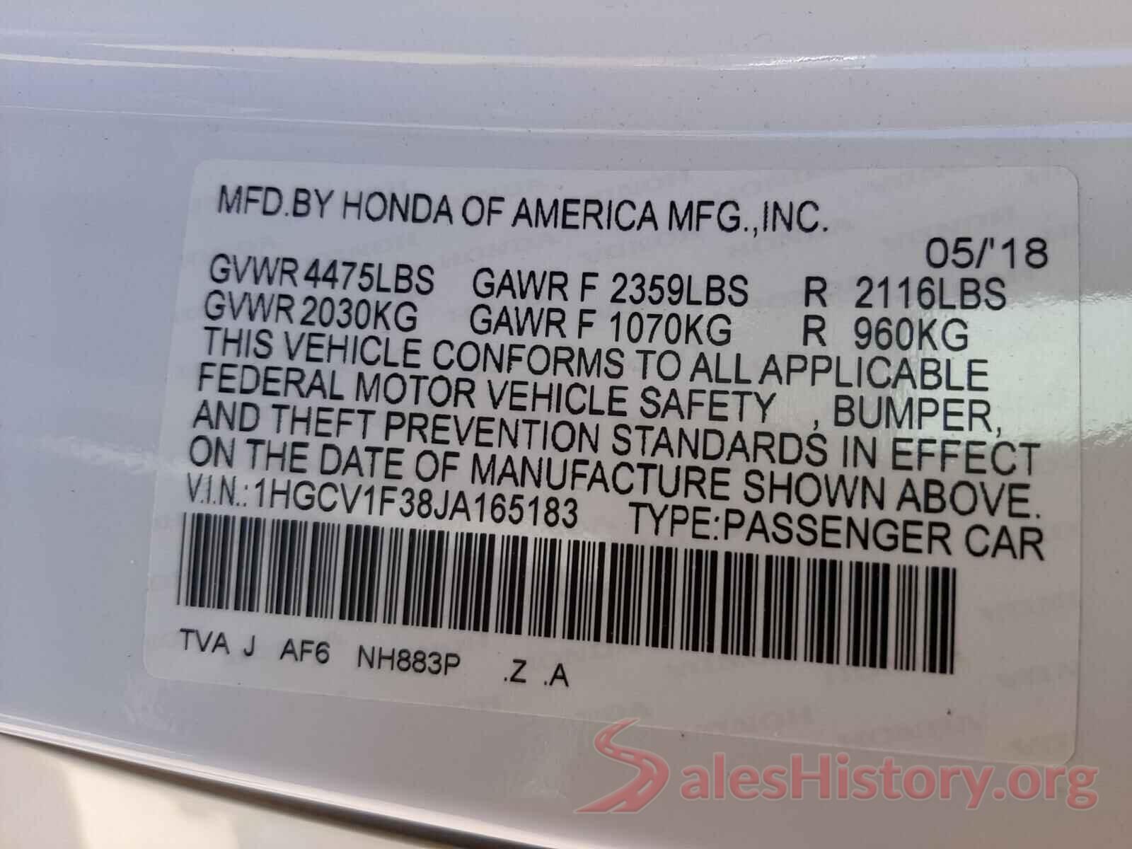 1HGCV1F38JA165183 2018 HONDA ACCORD