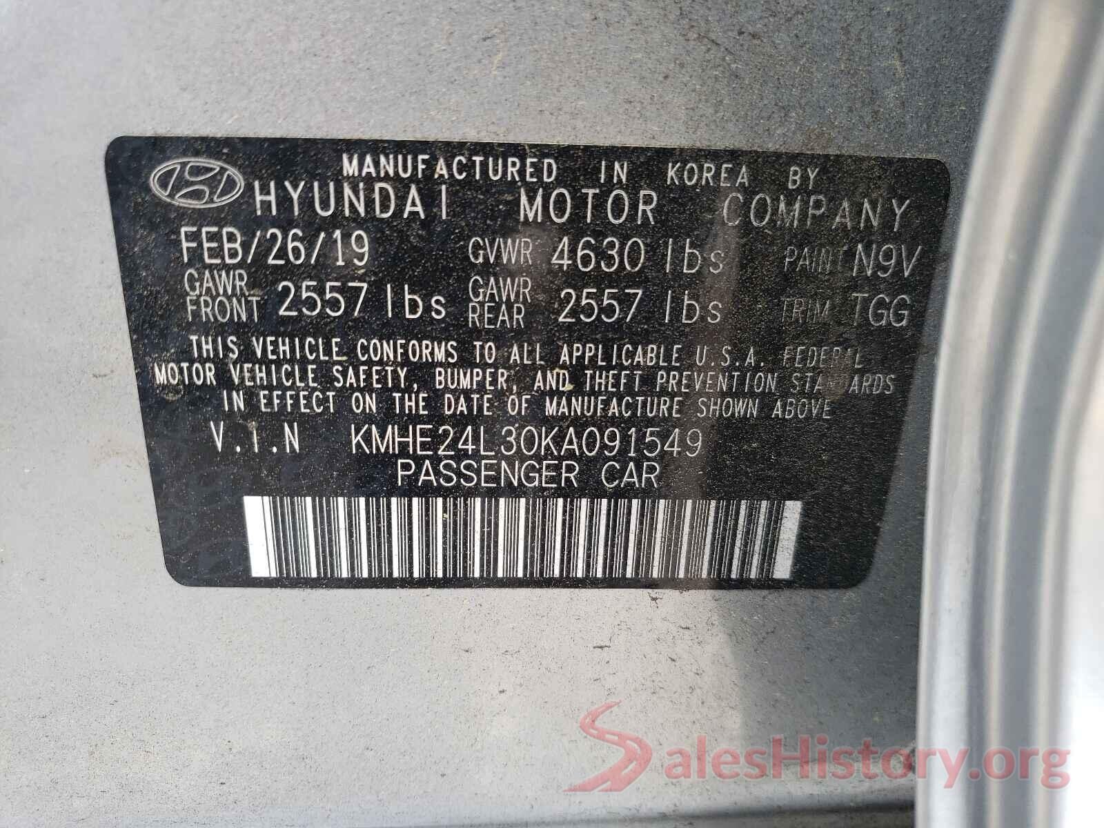 KMHE24L30KA091549 2019 HYUNDAI SONATA