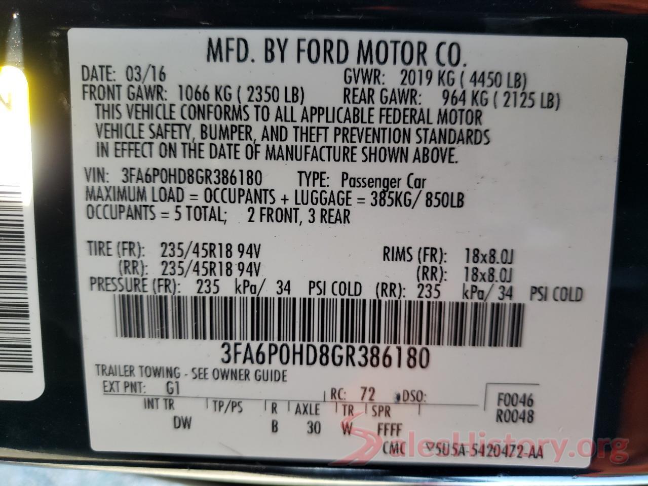 3FA6P0HD8GR386180 2016 FORD FUSION