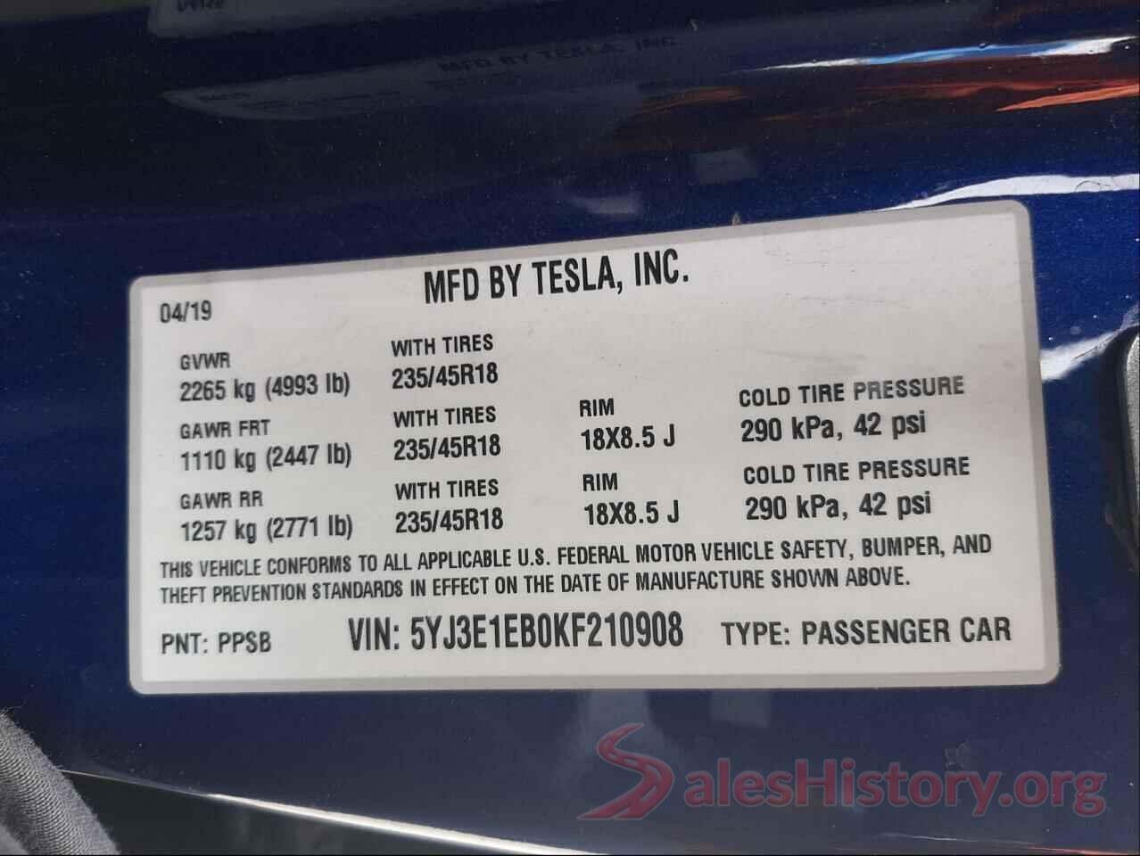 5YJ3E1EB0KF210908 2019 TESLA MODEL 3