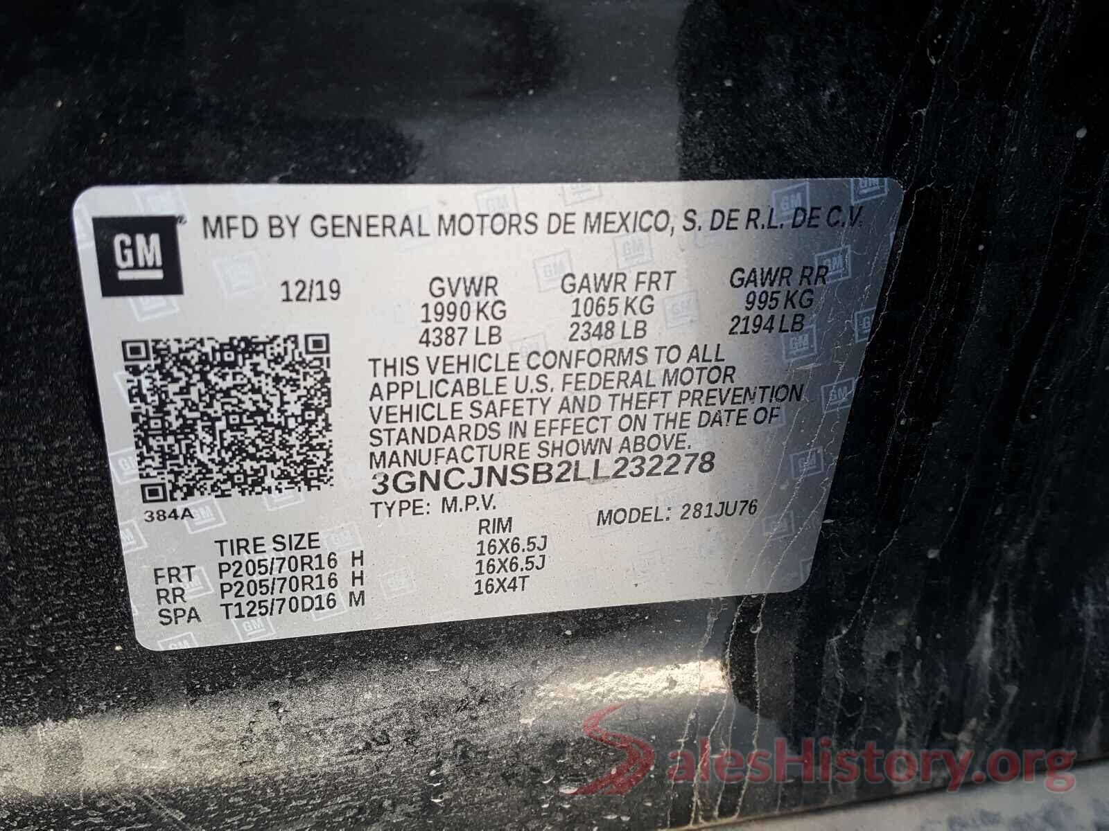 3GNCJNSB2LL232278 2020 CHEVROLET TRAX