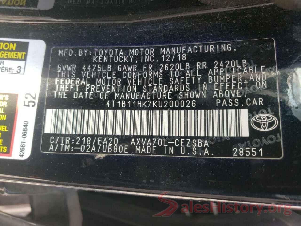 4T1B11HK7KU200026 2019 TOYOTA CAMRY