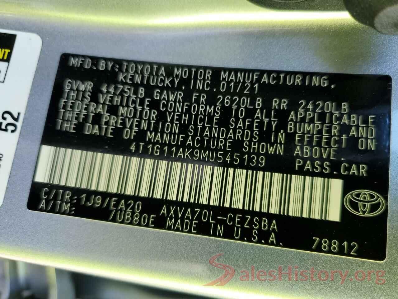 4T1G11AK9MU545139 2021 TOYOTA CAMRY