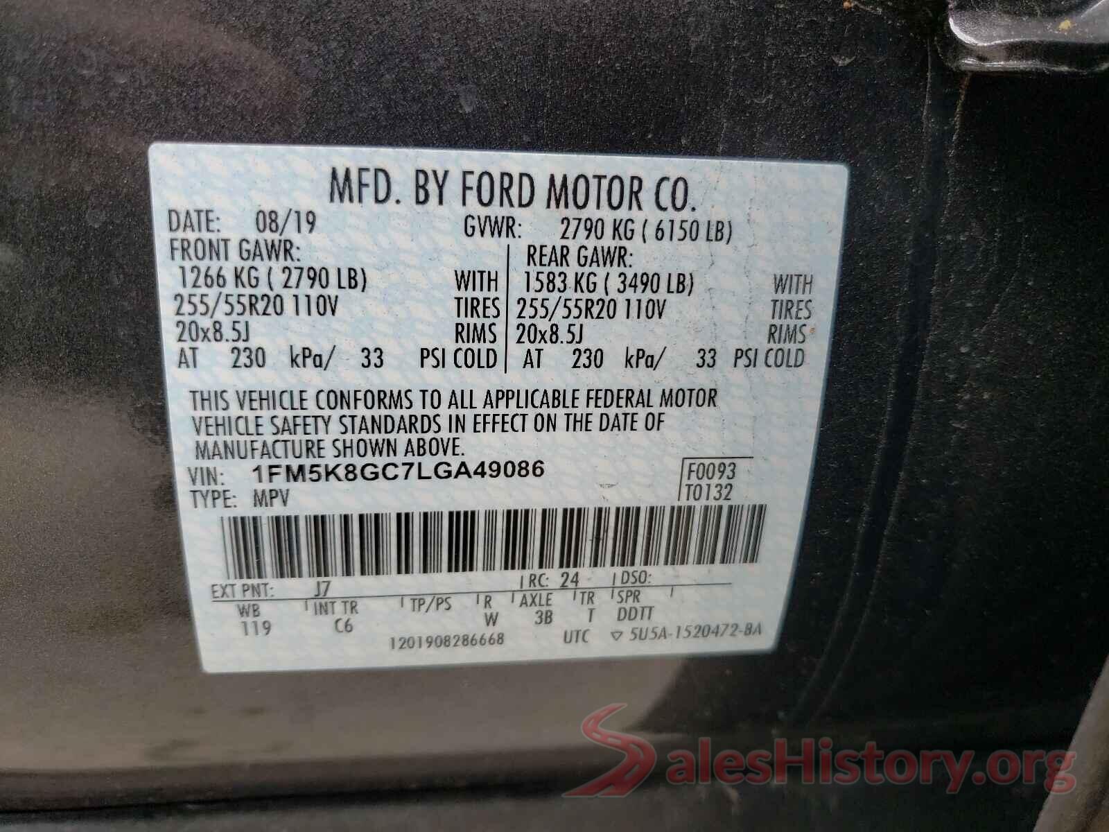 1FM5K8GC7LGA49086 2020 FORD EXPLORER