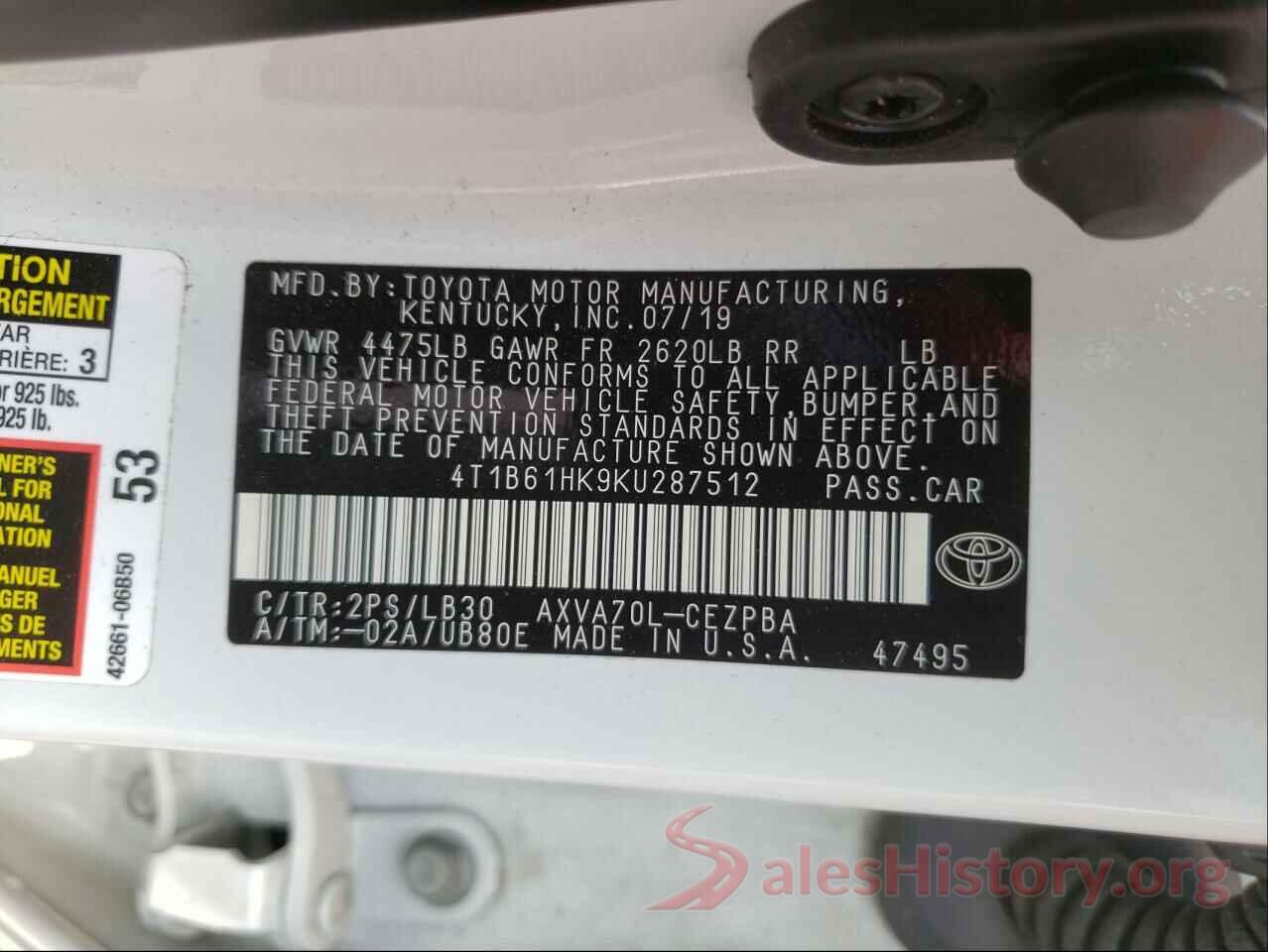 4T1B61HK9KU287512 2019 TOYOTA CAMRY