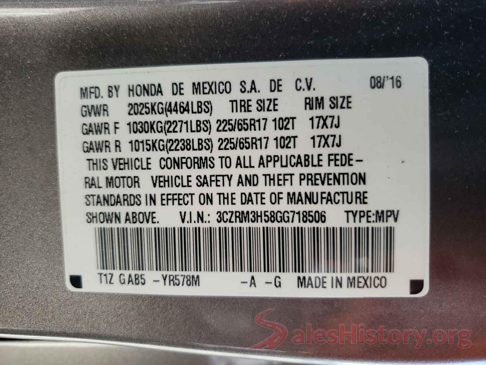 3CZRM3H58GG718506 2016 HONDA CRV