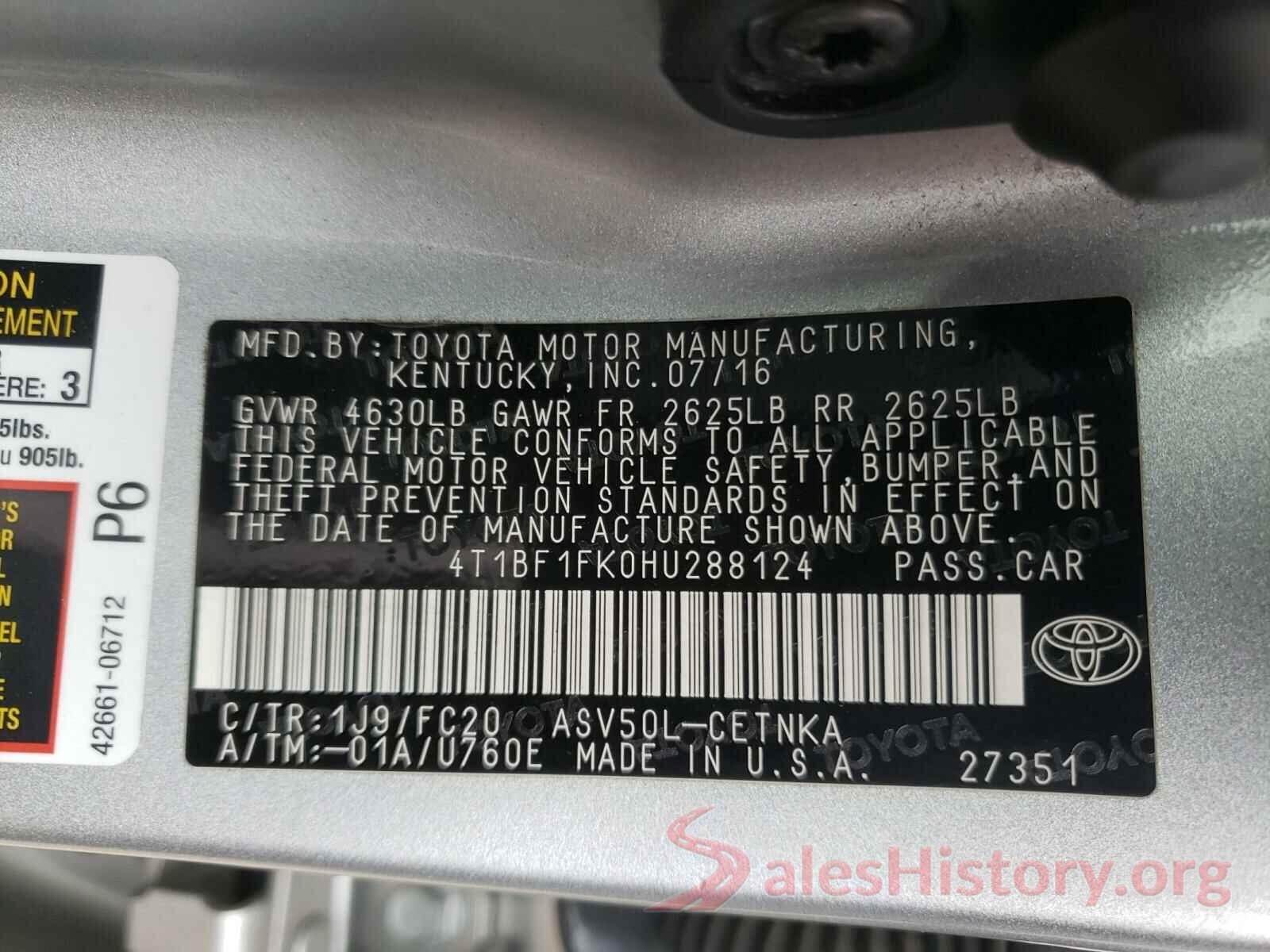 4T1BF1FK0HU288124 2017 TOYOTA CAMRY