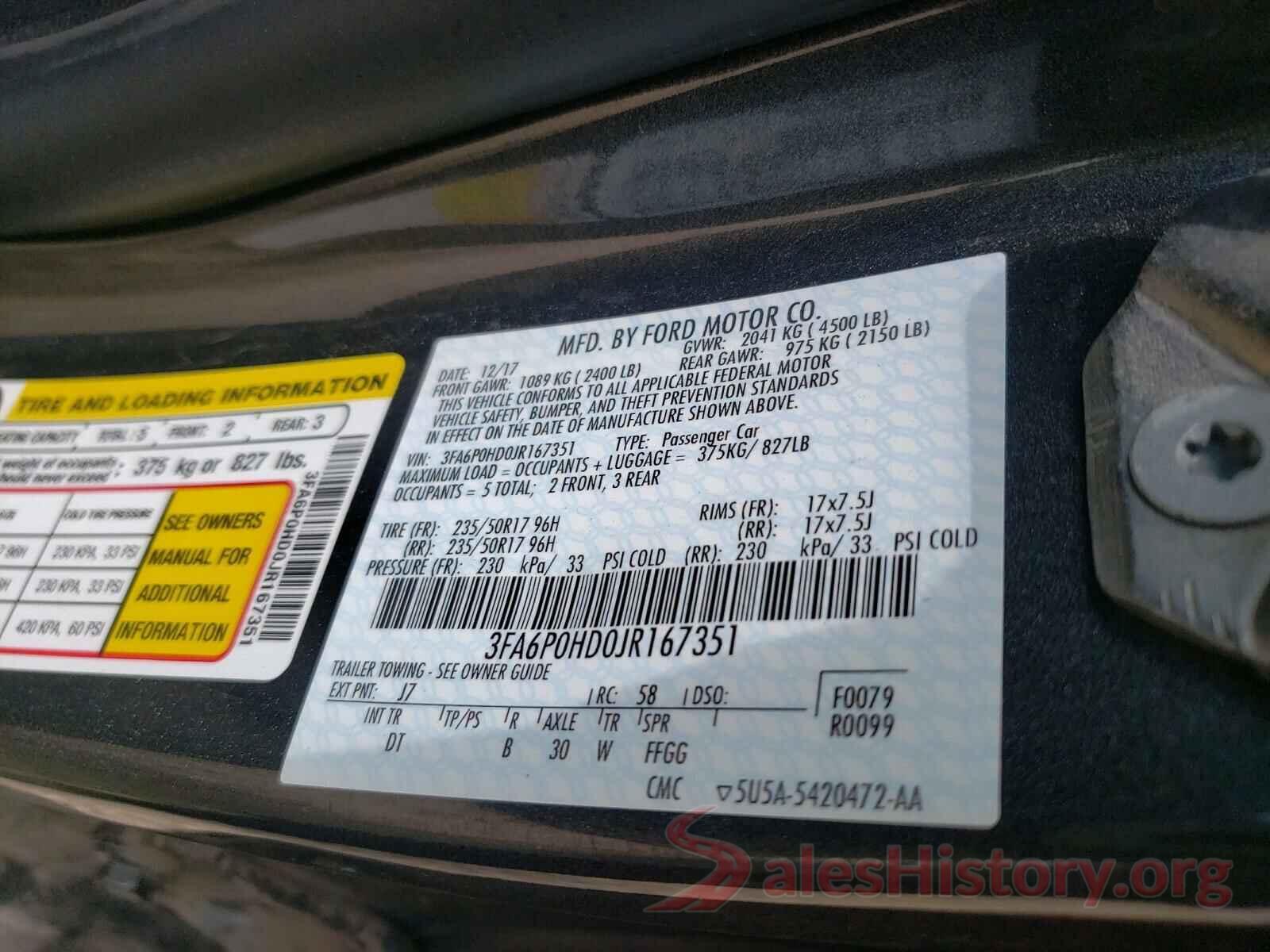 3FA6P0HD0JR167351 2018 FORD FUSION