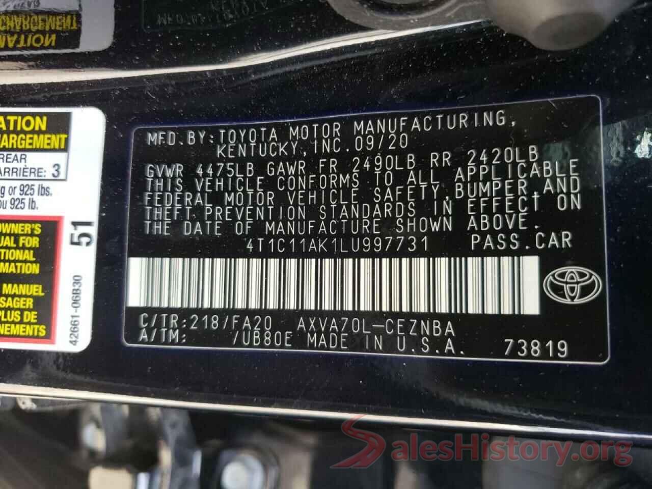 4T1C11AK1LU997731 2020 TOYOTA CAMRY