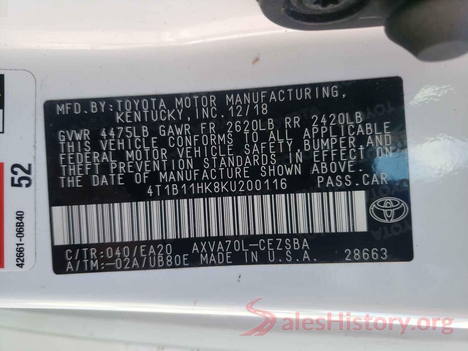 4T1B11HK8KU200116 2019 TOYOTA CAMRY