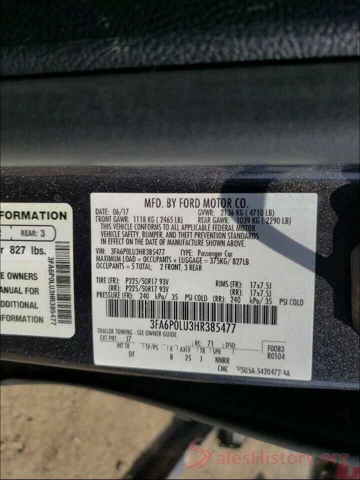 3FA6P0LU3HR385477 2017 FORD FUSION