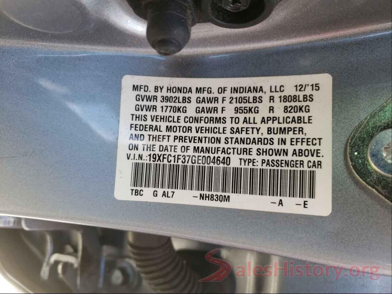 19XFC1F37GE004640 2016 HONDA CIVIC