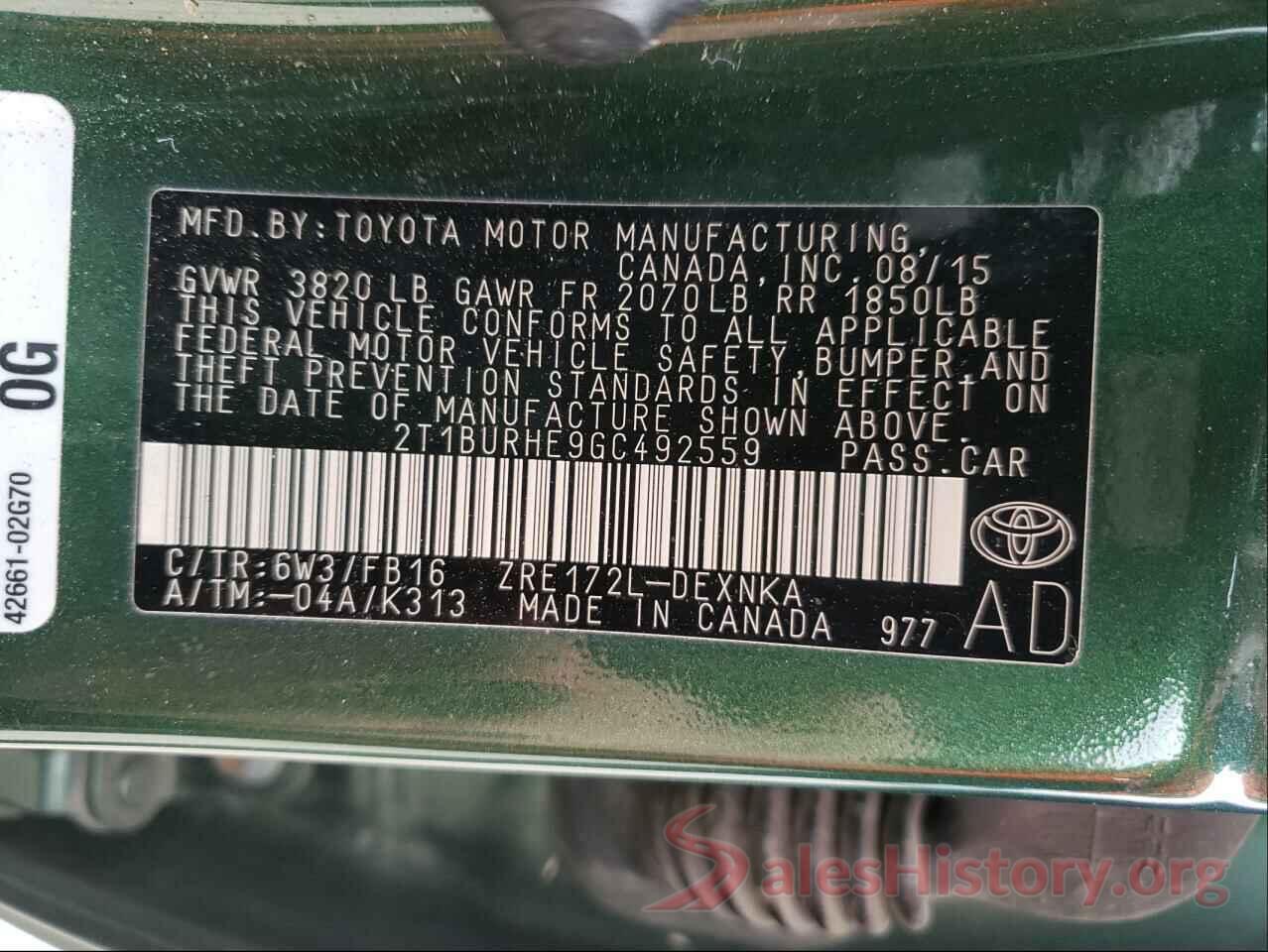 2T1BURHE9GC492559 2016 TOYOTA COROLLA