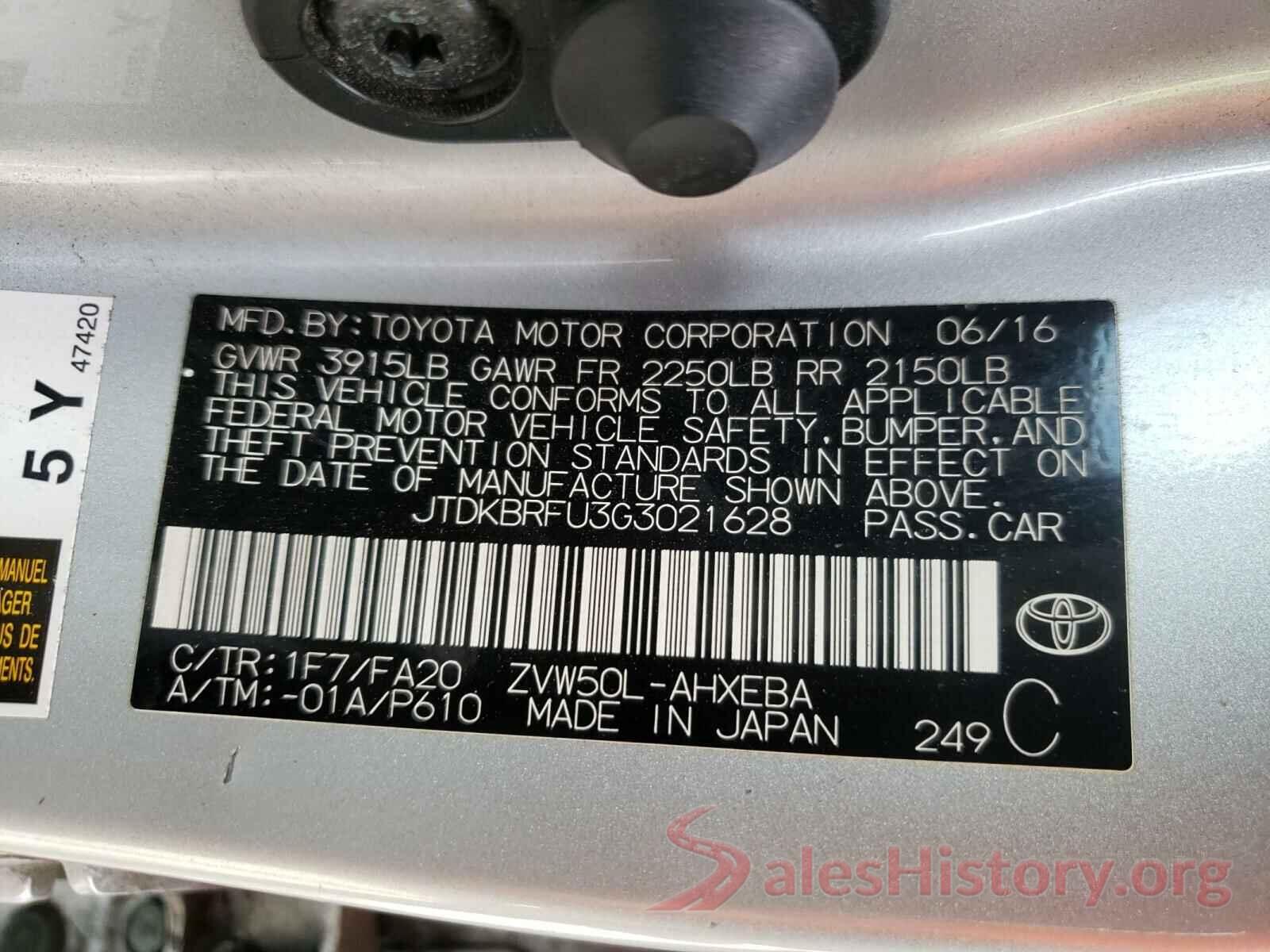 JTDKBRFU3G3021628 2016 TOYOTA PRIUS