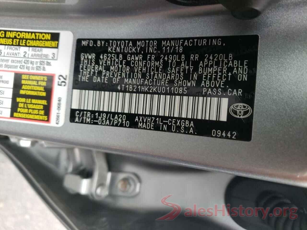 4T1B21HK2KU011085 2019 TOYOTA CAMRY