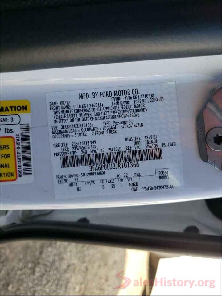 3FA6P0LU3JR101366 2018 FORD FUSION