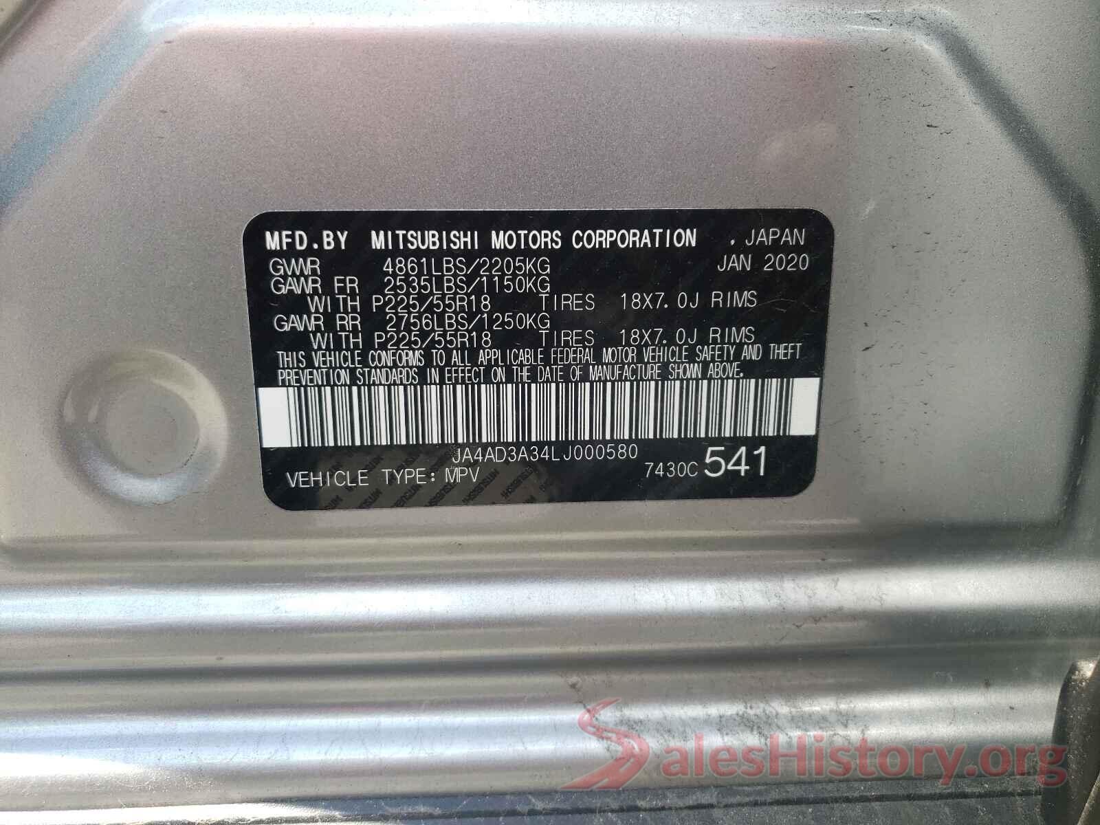 JA4AD3A34LJ000580 2020 MITSUBISHI OUTLANDER