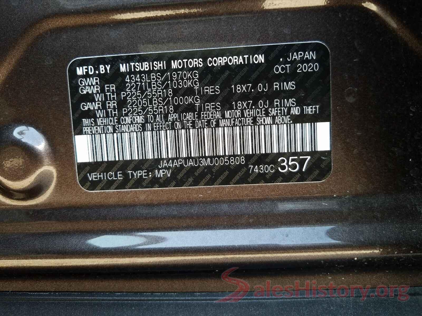 JA4APUAU3MU005808 2021 MITSUBISHI OUTLANDER