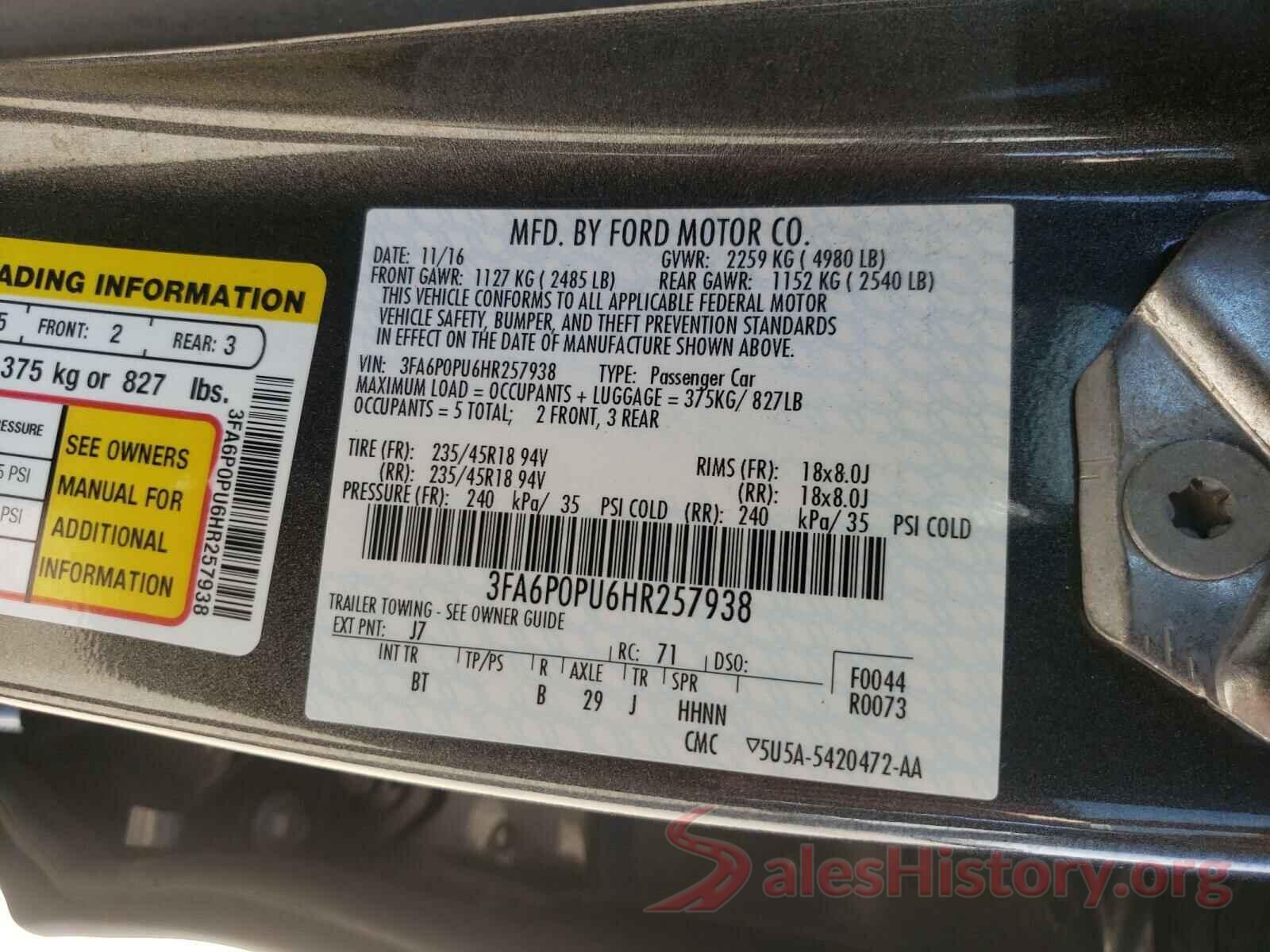 3FA6P0PU6HR257938 2017 FORD FUSION