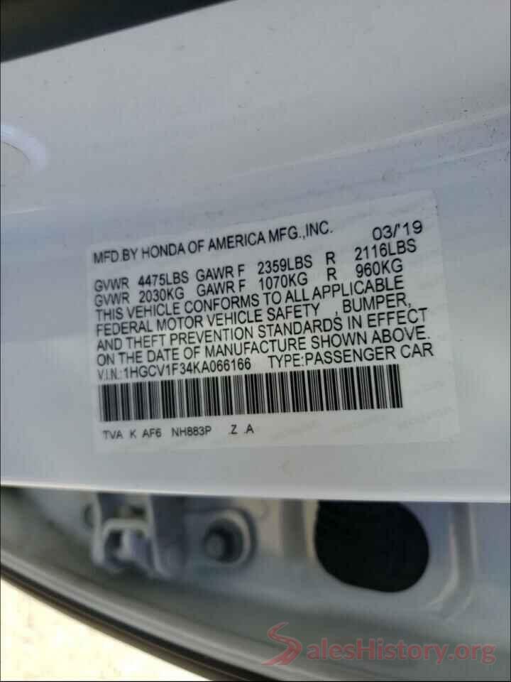 1HGCV1F34KA066166 2019 HONDA ACCORD