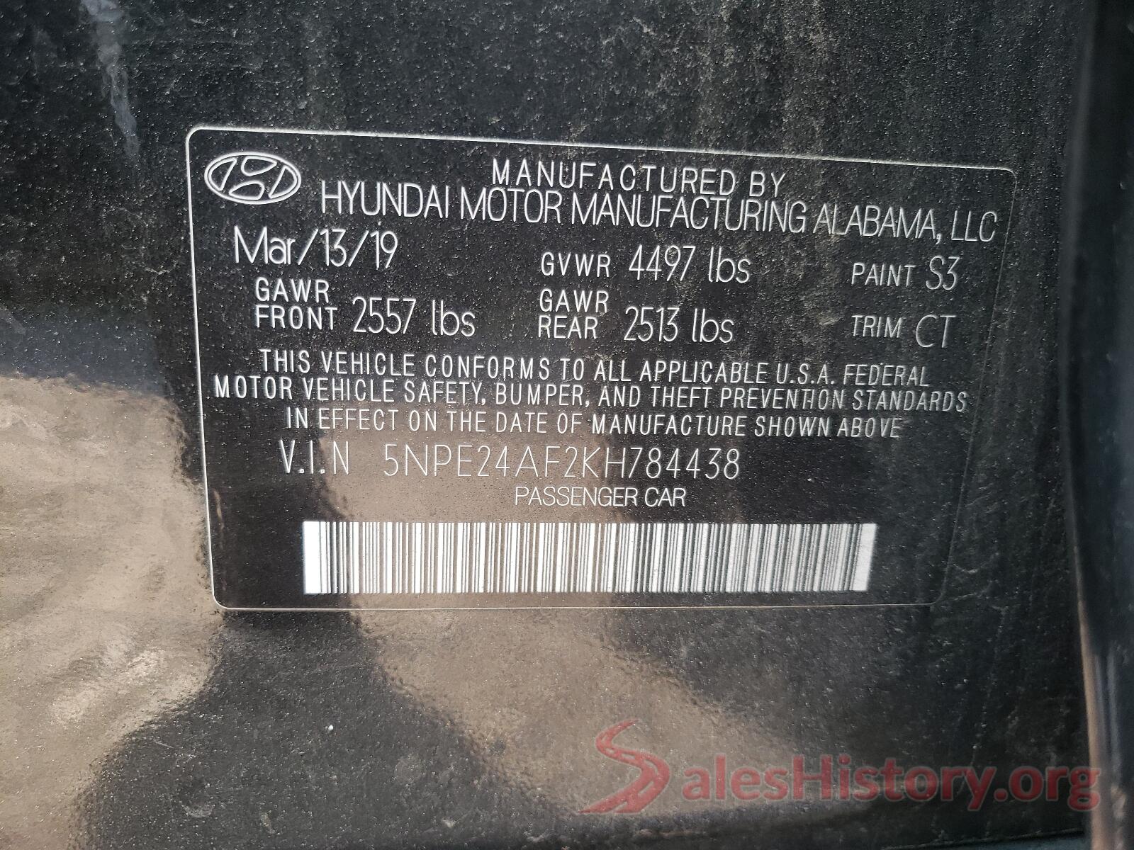 5NPE24AF2KH784438 2019 HYUNDAI SONATA