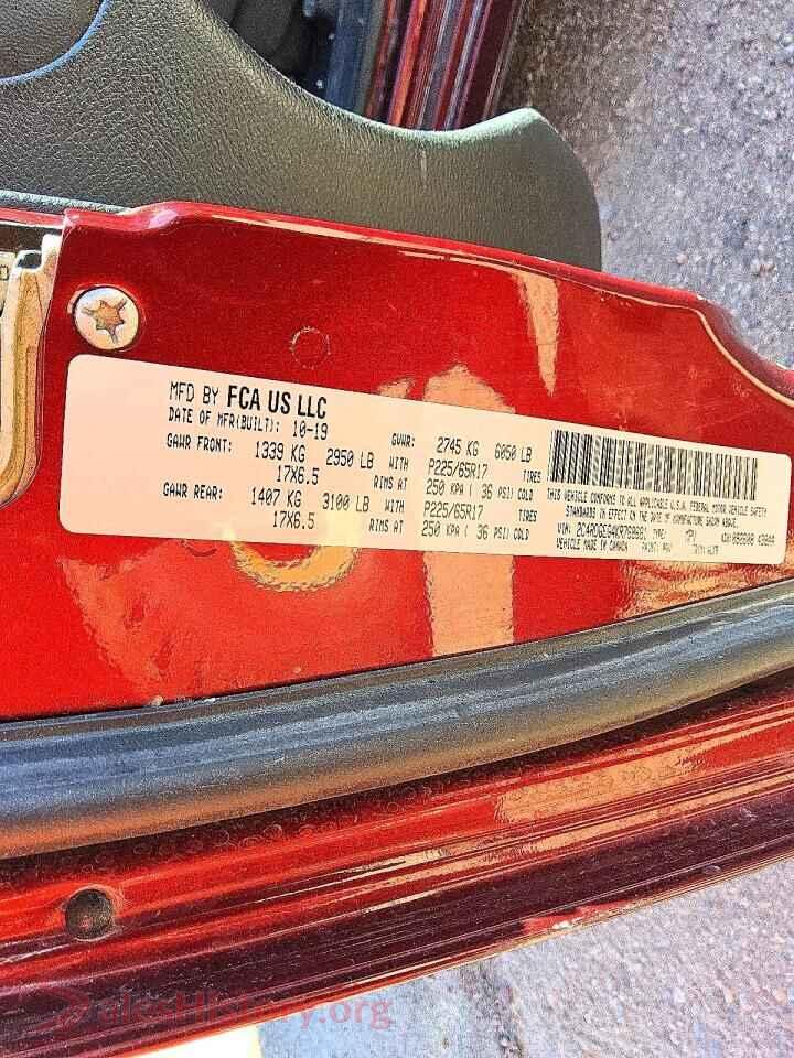 2019 DODGE CARAVAN VIN 2C4RDGEG4KR768681, trunk area