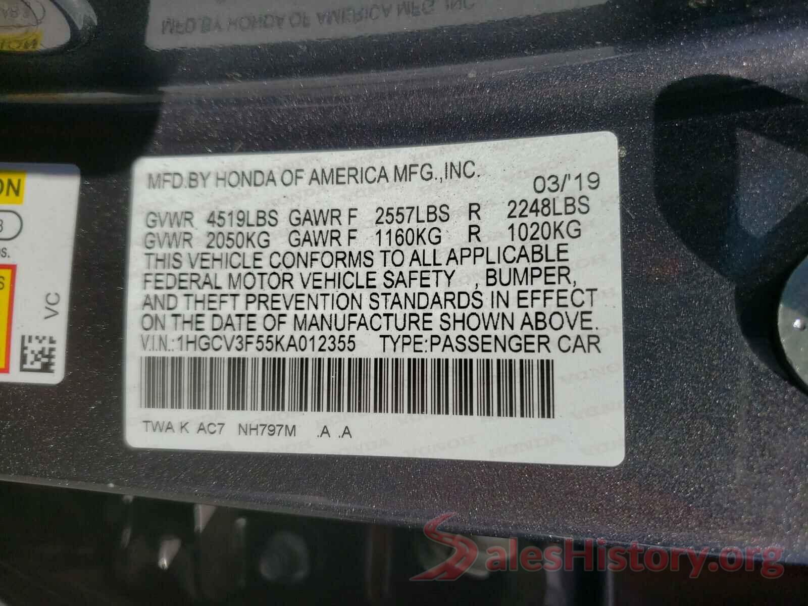 1HGCV3F55KA012355 2019 HONDA ACCORD