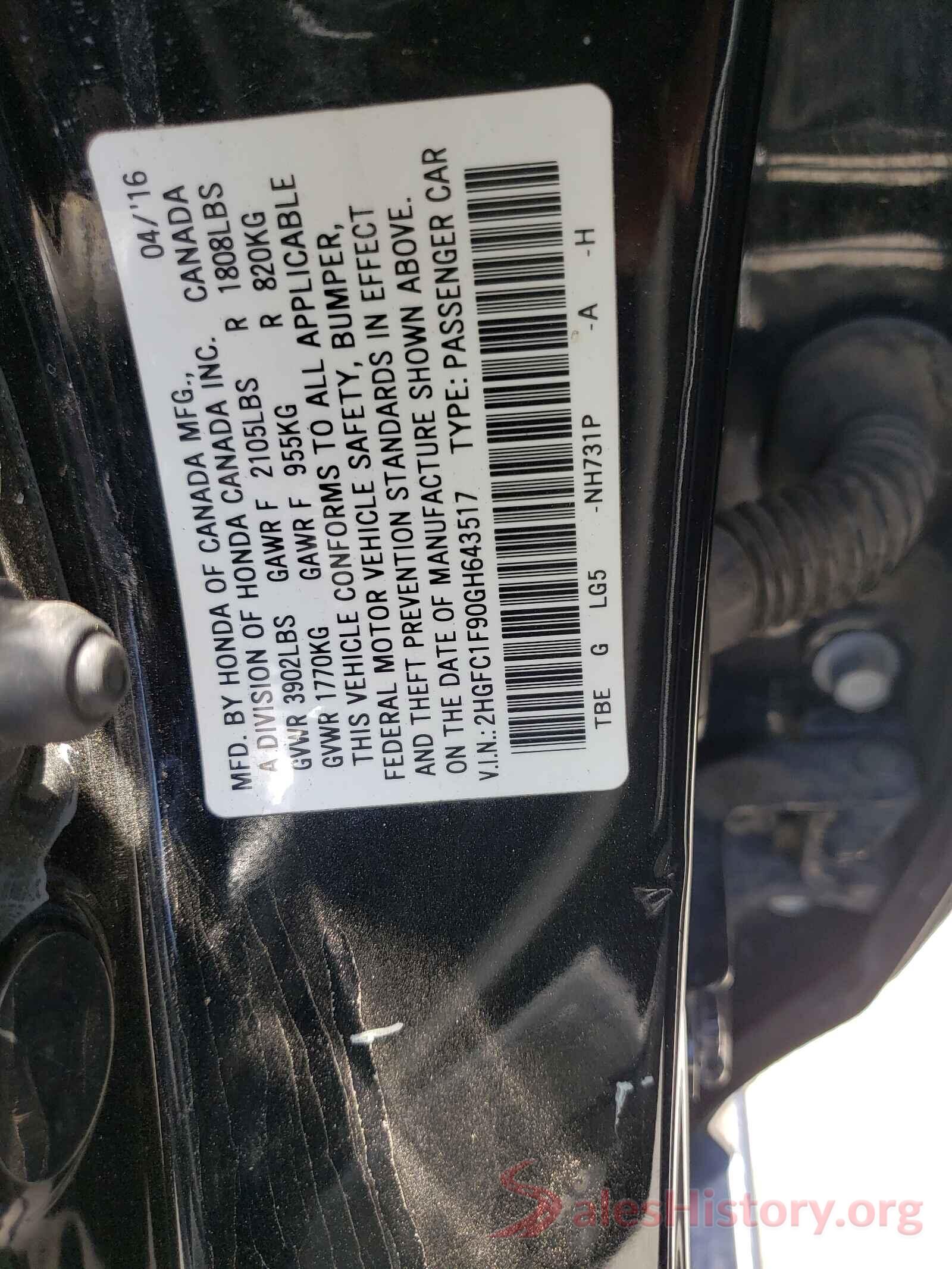 2HGFC1F90GH643517 2016 HONDA CIVIC