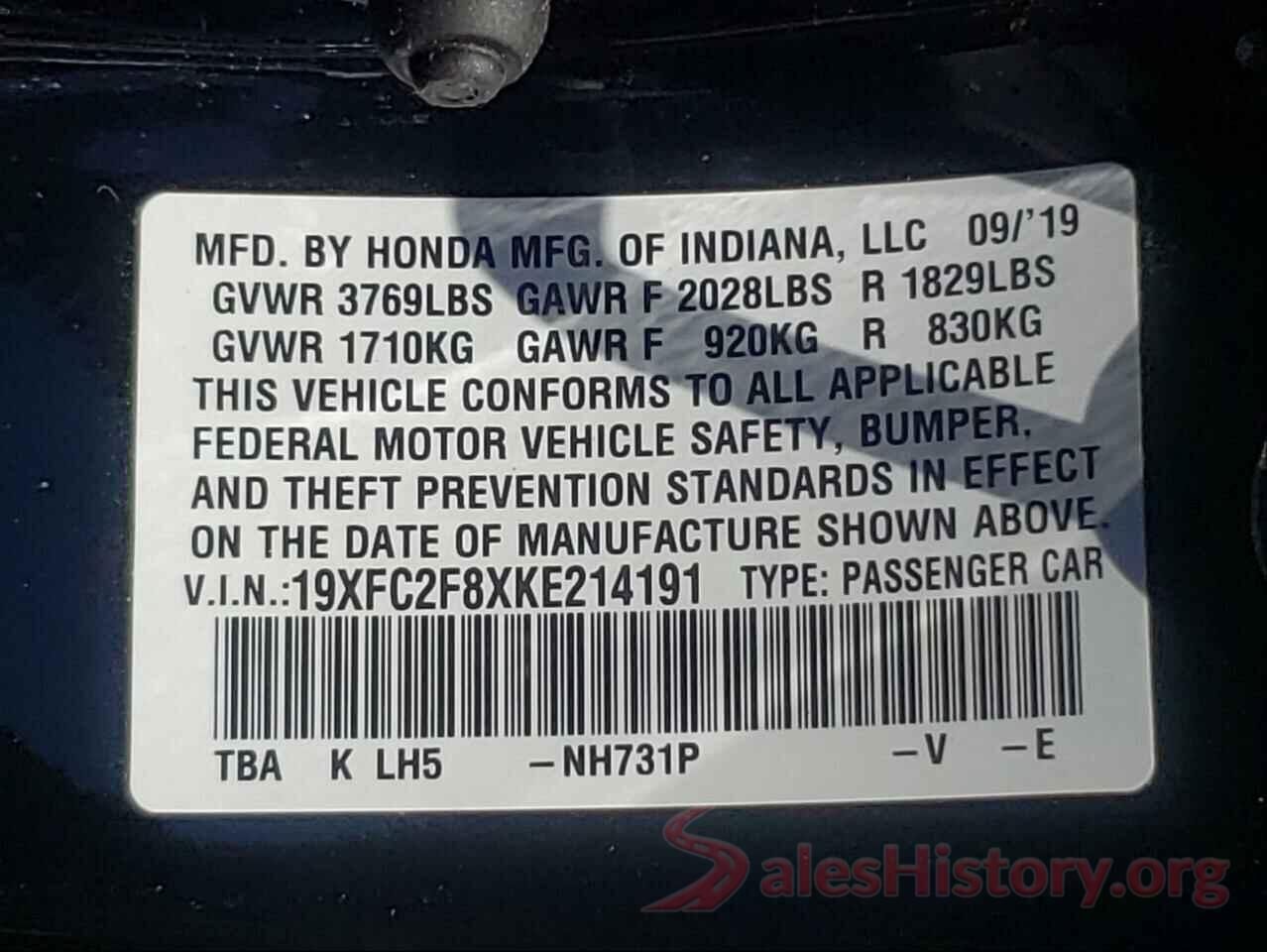 19XFC2F8XKE214191 2019 HONDA CIVIC