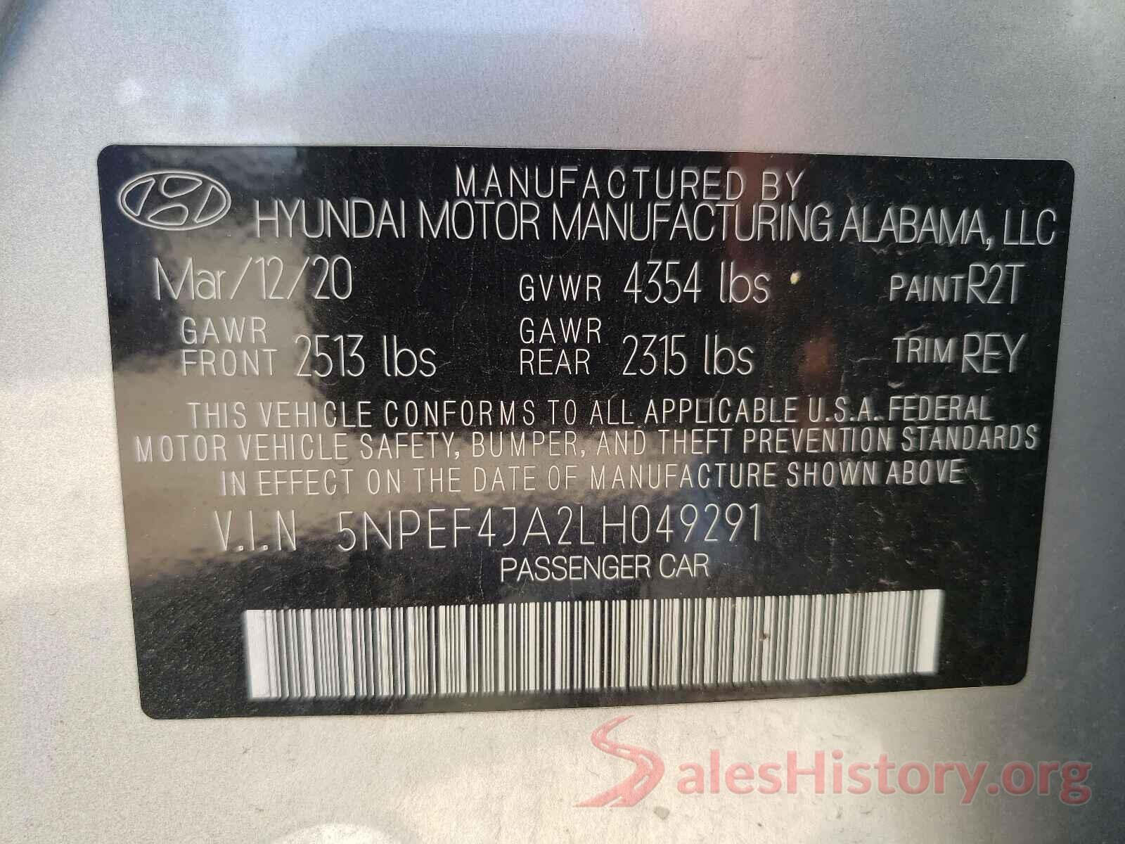 5NPEF4JA2LH049291 2020 HYUNDAI SONATA