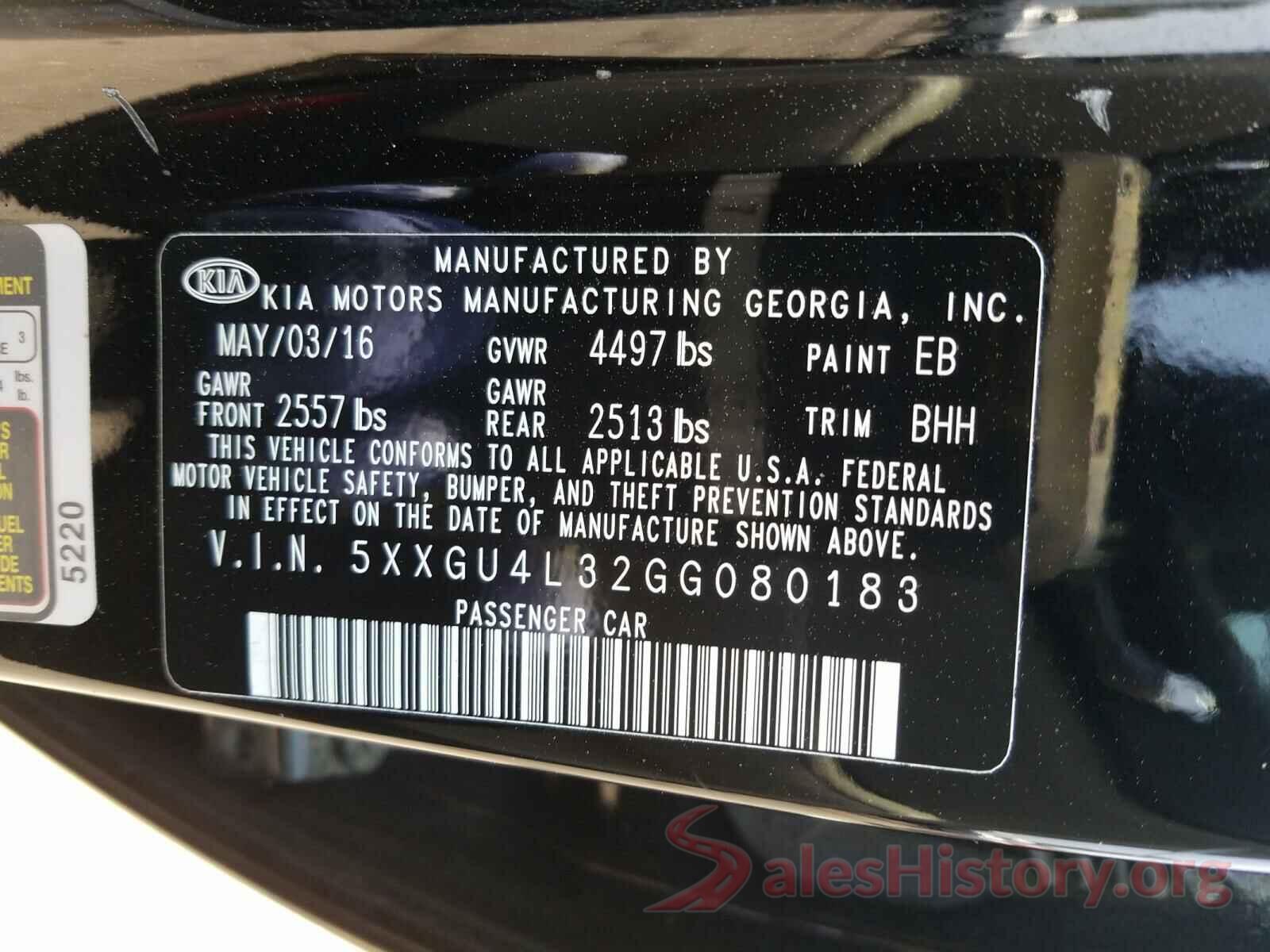 5XXGU4L32GG080183 2016 KIA OPTIMA