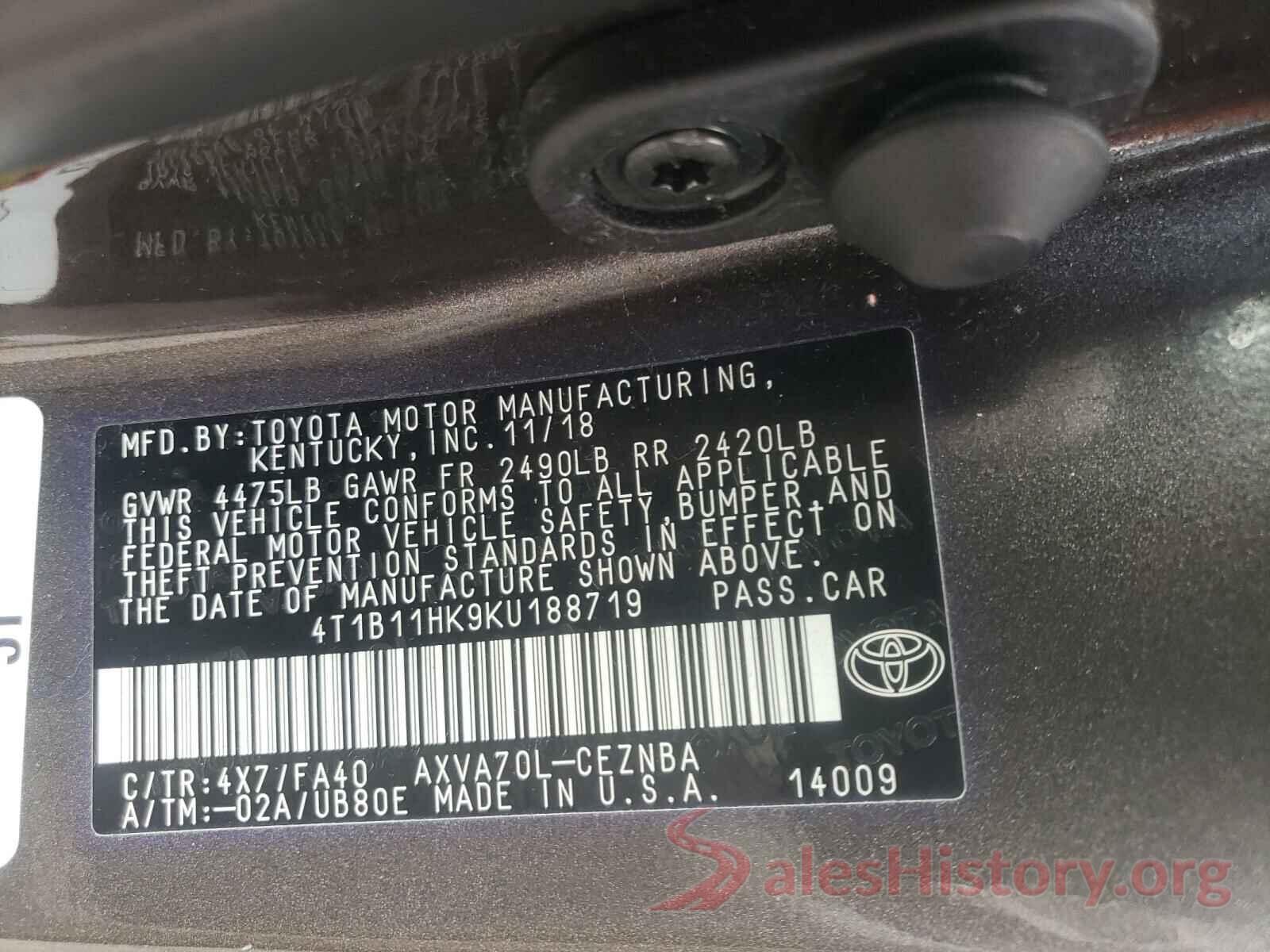 4T1B11HK9KU188719 2019 TOYOTA CAMRY