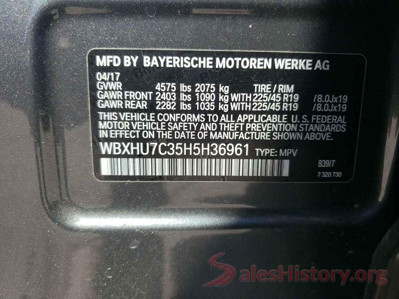 WBXHU7C35H5H36961 2017 BMW X1