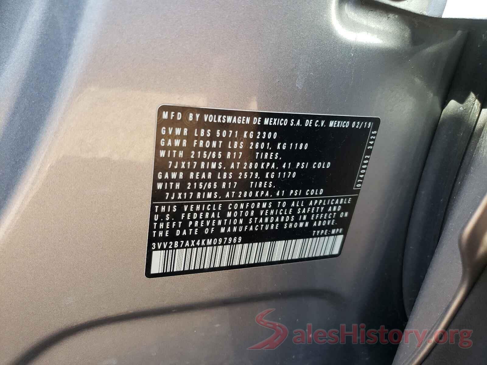 3VV2B7AX4KM097969 2019 VOLKSWAGEN TIGUAN